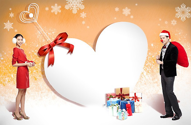 PSD 서양인 외국인 편집 편집이미지 여자 남자 리본 백그라운드 크리스마스 산타모자 프레임 선물 사람 동양인 이벤트 성인 두명 선물상자 하트 눈 보따리 성인만 이미지편집 자연요소 모양 모자_잡화 기념일 날씨 인종 상자 파일형식