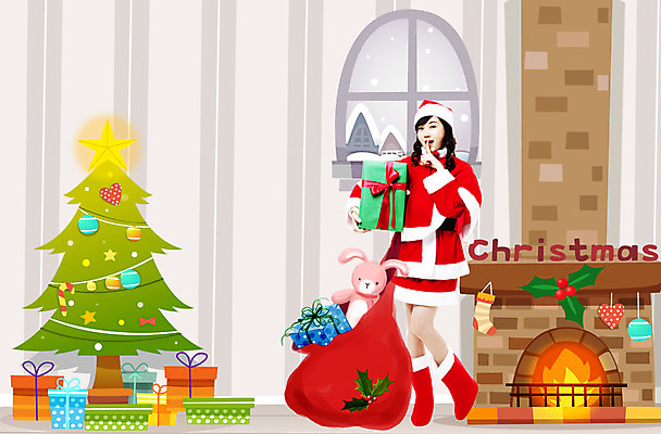 PSD 식물 편집 편집이미지 여자 백그라운드 크리스마스 산타모자 산타옷 포토일러 합성일러스트 한명 사람 동양인 이벤트 성인 선물상자 크리스마스트리 산타클로스 한국인 보따리 벽난로 여자만 여자한명만 성인여자만 성인만 이미지편집 모자_잡화 1 옷 기념일 선물 인종 상자 파일형식