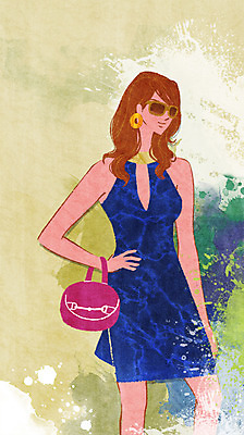 PSD 모델 원피스 여자 패션 포즈 백그라운드 가방 일러스트 한명 사람 성인 선글라스 물감 우아함 번짐 여자만 여자한명만 성인여자만 성인만 국내일러스트 1 잡화 옷 안경 컨셉 미술도구 파일형식 효과