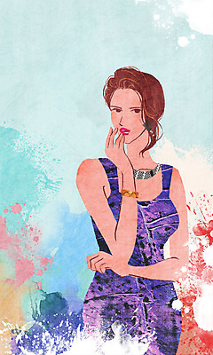 PSD 모델 여자 패션 포즈 백그라운드 일러스트 목걸이 장신구 팔찌 한명 사람 성인 귀걸이 물감 우아함 번짐 여자만 여자한명만 성인여자만 성인만 국내일러스트 1 컨셉 미술도구 파일형식 효과