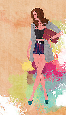 전신 PSD 모델 여자 패션 포즈 백그라운드 일러스트 반바지 한명 사람 성인 탑 물감 우아함 클러치 번짐 여자만 여자한명만 성인여자만 성인만 국내일러스트 1 건축물 컨셉 가방 바지 미술도구 파일형식 효과