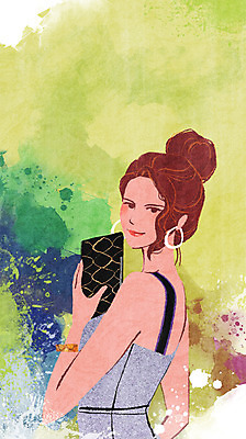 PSD 모델 여자 패션 포즈 백그라운드 일러스트 한명 사람 성인 귀걸이 물감 우아함 클러치 번짐 여자만 여자한명만 성인여자만 성인만 국내일러스트 1 컨셉 가방 장신구 미술도구 파일형식 효과