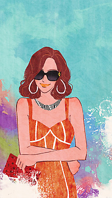 PSD 모델 여자 패션 포즈 백그라운드 일러스트 목걸이 장신구 한명 사람 성인 선글라스 귀걸이 물감 우아함 클러치 번짐 여자만 여자한명만 성인여자만 성인만 국내일러스트 1 안경 컨셉 가방 미술도구 파일형식 효과