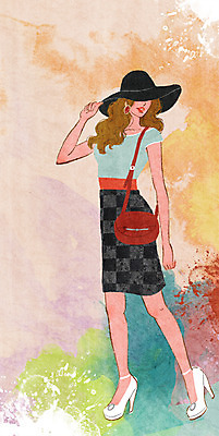 전신 PSD 모델 모자 여자 패션 포즈 백그라운드 가방 일러스트 한명 사람 성인 물감 우아함 하이힐 번짐 여자만 여자한명만 성인여자만 성인만 국내일러스트 1 잡화 구두 컨셉 미술도구 여성화 파일형식 효과