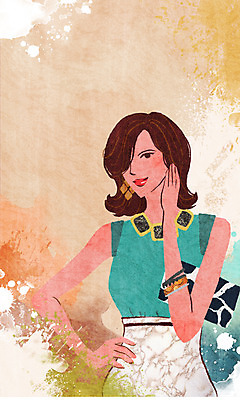 PSD 모델 여자 패션 포즈 백그라운드 일러스트 목걸이 장신구 한명 사람 성인 귀걸이 물감 우아함 클러치 번짐 여자만 여자한명만 성인여자만 성인만 국내일러스트 1 컨셉 가방 미술도구 파일형식 효과