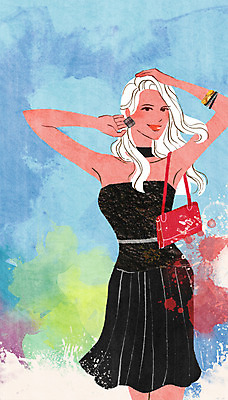 PSD 모델 원피스 여자 패션 포즈 백그라운드 가방 일러스트 팔찌 한명 사람 성인 귀걸이 물감 우아함 번짐 여자만 여자한명만 성인여자만 성인만 국내일러스트 1 잡화 옷 컨셉 장신구 미술도구 파일형식 효과