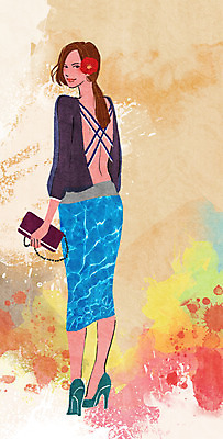 전신 PSD 모델 여자 패션 꽃 포즈 백그라운드 일러스트 한명 사람 성인 물감 우아함 하이힐 클러치 번짐 여자만 여자한명만 성인여자만 성인만 국내일러스트 식물 1 구두 컨셉 가방 미술도구 여성화 파일형식 효과