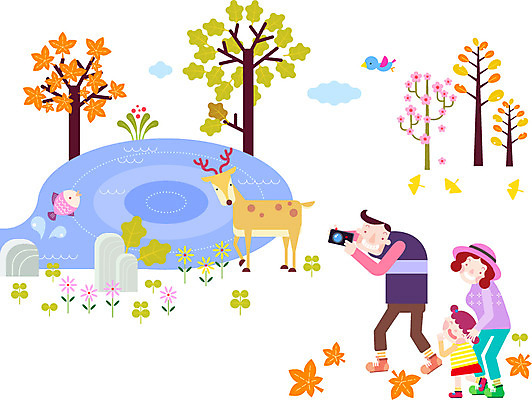 동물 라이프스타일 계절 여자 남자 어린이 여행 일러스트 가족 조류 엄마 사슴 나뭇잎 함께함 어류 사람 성인 세명 카메라 사진촬영 화목 캠핑 가을 자녀 연못 아빠 즐거움 옹달샘 국내일러스트 AI파일 감정 컨셉 잎 포유류 관계 레저 생활 전자제품 촬영 수중동물 파일형식 벡터