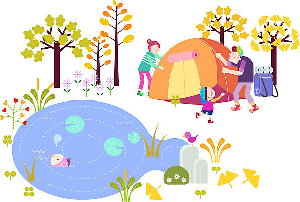 주간 나무 식물 라이프스타일 계절 여자 남자 어린이 새끼 여행 일러스트 배낭 가족 엄마 함께함 텐트 어류 사람 성인 야외 세명 화목 캠핑 가을 자녀 연못 아빠 즐거움 은행잎 국내일러스트 AI파일 자연요소 동물 감정 컨셉 잎 가방 관계 레저 캠핑도구 생활 수중동물 파일형식 벡터