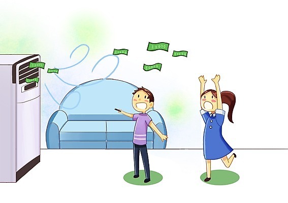 전신 PSD 여자 남자 돈 일러스트 바람 집안 실내 사람 성인 두명 소파 환경 에너지 절약 변화 에어컨 낭비 성인만 국내일러스트 자연요소 컨셉 의자 날씨 내부 가전제품 재산 파일형식