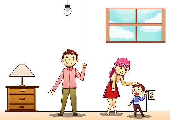 PSD 여자 남자 어린이 일러스트 전구 창문 집안 조명 사람 성인 세명 환경 에너지 절약 변화 플러그 코드 낭비 국내일러스트 컨셉 실내 파일형식