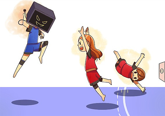 PSD 여자 일러스트 사람 세명 운동복 환경 텔레비전 에너지 절약 수비 변화 플러그 코드 낭비 여자만 국내일러스트 옷 컨셉 모션 전자제품 파일형식