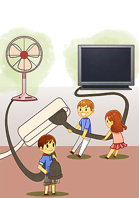 PSD 여자 남자 어린이 일러스트 사람 세명 환경 텔레비전 가전제품 에너지 절약 선풍기 변화 플러그 낭비 어린이만 국내일러스트 컨셉 전자제품 파일형식