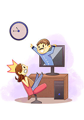 PSD 여자 남자 시계 의자 일러스트 실내 사람 성인 두명 컴퓨터 에너지 절약 변화 책상 낭비 성인만 국내일러스트 가구 컨셉 내부 전자제품 파일형식