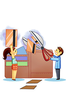 PSD 여자 남자 일러스트 가위 사람 성인 두명 저축 절약 신용카드 지갑 변화 자르기 낭비 성인만 금융의날 국내일러스트 컨셉 모션 문구용품 금융 파일형식 법정기념일