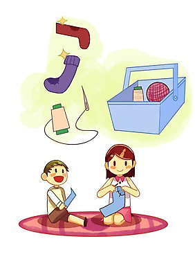 PSD 여자 남자 어린이 일러스트 양말 사람 성인 두명 경제 바구니 재활용 바늘 절약 변화 실 바느질 낭비 국내일러스트 컨셉 도구 친환경 파일형식