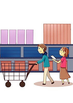 PSD 여자 남자 종이 일러스트 사람 성인 두명 경제 장보기 카트 절약 변화 시장 마트 낭비 목록 성인만 국내일러스트 컨셉 상점 파일형식