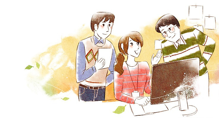 PSD 여자 남자 일러스트 비즈니스 실내 설명 사람 성인 세명 비즈니스라이프 컴퓨터 사무실 업무 직장인 비즈니스맨 비즈니스우먼 책상 의견 성인만 국내일러스트 직업 라이프스타일 가구 모션 내부 전자제품 작업 파일형식