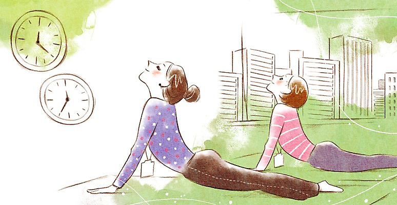 PSD 여자 시계 일러스트 비즈니스 요가 실내 사람 빌딩 성인 두명 비즈니스라이프 운동 스트레칭 직장인 비즈니스우먼 점심 여자만 성인여자만 성인만 국내일러스트 직업 라이프스타일 웰빙 건강 내부 건물 파일형식