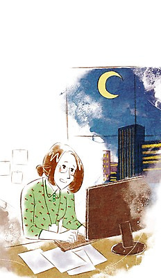 PSD 여자 종이 일러스트 비즈니스 실내 한명 사람 성인 비즈니스라이프 컴퓨터 사무실 달 업무 직장인 비즈니스우먼 책상 야근 여자만 여자한명만 성인여자만 성인만 국내일러스트 자연요소 직업 1 라이프스타일 가구 내부 전자제품 작업 파일형식