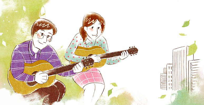 PSD 여자 남자 악기 연주 일러스트 비즈니스 사람 성인 취미 두명 비즈니스라이프 기타 직장인 비즈니스맨 비즈니스우먼 동호회 성인만 국내일러스트 직업 라이프스타일 음악 현악기 파일형식