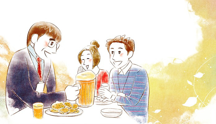 PSD 여자 남자 음식 일러스트 비즈니스 탁자 맥주 주류 사람 성인 세명 비즈니스라이프 치킨 직장인 비즈니스맨 비즈니스우먼 상사 회식 성인만 치맥 국내일러스트 직업 라이프스타일 음료 가구 식사 닭고기요리 파일형식