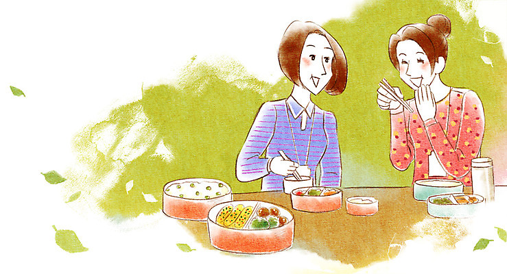 PSD 여자 일러스트 비즈니스 사람 성인 두명 비즈니스라이프 직장인 비즈니스우먼 도시락 점심 도시락통 여자만 성인여자만 성인만 국내일러스트 직업 라이프스타일 음식 용기_그릇 파일형식