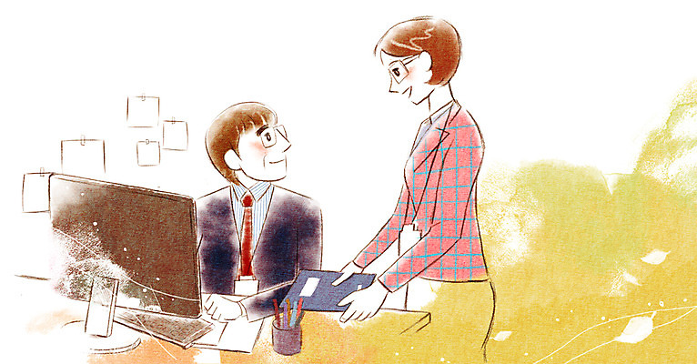 PSD 여자 남자 종이 일러스트 비즈니스 실내 사람 정장 성인 두명 비즈니스라이프 노트북 직장인 비즈니스맨 비즈니스우먼 상사 책상 파일 연필꽂이 업무보고 성인만 국내일러스트 직업 라이프스타일 옷 가구 문구용품 내부 전자제품 파일형식