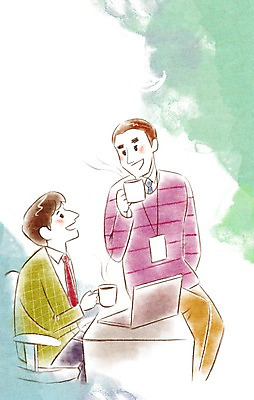 PSD 남자 여유 커피 의자 일러스트 비즈니스 휴식 사람 정장 성인 두명 비즈니스라이프 노트북 직장인 비즈니스맨 커피잔 책상 수다 사원증 남자만 성인남자만 성인만 국내일러스트 직업 라이프스타일 옷 감정 음료 가구 컨셉 잔 대화 전자제품 파일형식