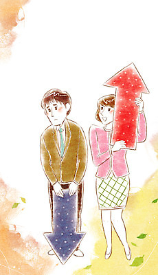 PSD 여자 남자 화살표 일러스트 비즈니스 사람 정장 성인 두명 비즈니스라이프 직장인 비즈니스맨 비즈니스우먼 하락 상승 성인만 국내일러스트 직업 라이프스타일 옷 컨셉 파일형식