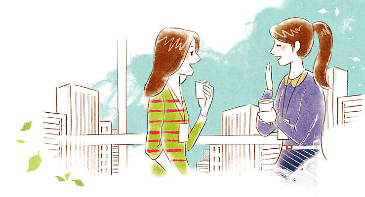 PSD 여자 여유 커피 일러스트 비즈니스 휴식 실내 사람 빌딩 성인 두명 비즈니스라이프 직장인 비즈니스우먼 수다 사원증 여자만 성인여자만 성인만 국내일러스트 직업 라이프스타일 감정 음료 컨셉 대화 내부 건물 파일형식