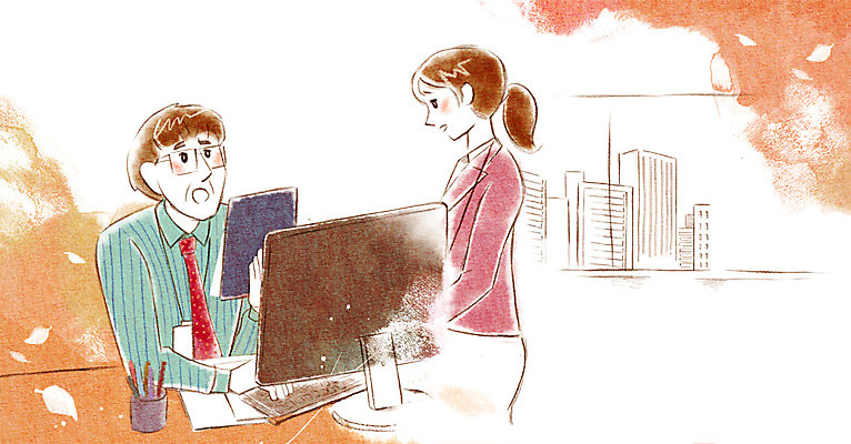 PSD 여자 남자 종이 일러스트 비즈니스 실내 사람 성인 두명 비즈니스라이프 모니터 직장인 비즈니스맨 비즈니스우먼 상사 꾸지람 연필꽂이 엄격한 성인만 국내일러스트 직업 라이프스타일 문구용품 내부 컴퓨터 체벌 파일형식