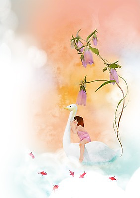 PSD 식물 여자 꽃 어린이 일러스트 상상 어류 한명 사람 소녀 판타지 연못 금붕어 백조 초롱꽃 오리배 여자만 여자한명만 어린이만 소녀만 소녀한명만 국내일러스트 1 조류 수중동물 파일형식