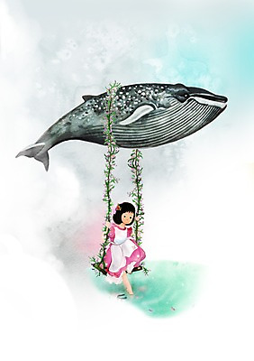 PSD 동물 여자 어린이 일러스트 상상 하늘 한명 사람 소녀 판타지 고래 그네 그네타기 여자만 여자한명만 어린이만 소녀만 소녀한명만 국내일러스트 1 포유류 놀이 수중동물 파일형식