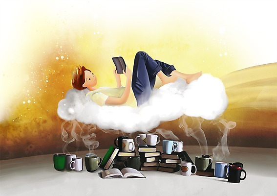 PSD 구름 남자 커피 어린이 일러스트 상상 한명 사람 책 컵 판타지 눕기 독서 머그컵 연기 남자한명만 어린이만 국내일러스트 자연요소 1 식기 음료 모션 남자만 파일형식