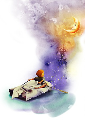 PSD 여자 어린이 일러스트 상상 밤하늘 한명 사람 소녀 판타지 달 침대 노 선박 여자만 여자한명만 어린이만 소녀만 소녀한명만 국내일러스트 자연요소 1 가구 수상교통 하늘 야간 파일형식