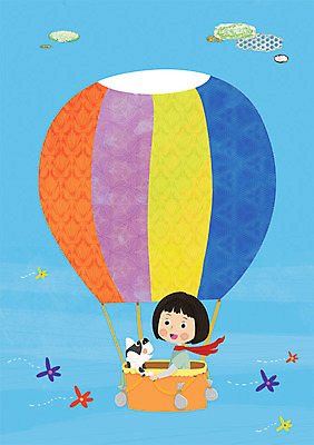 PSD 동물 한마리 여자 어린이 일러스트 상상 하늘 한명 사람 소녀 반려동물 판타지 꿈 열기구 비행 강아지 여자만 여자한명만 어린이만 소녀만 소녀한명만 국내일러스트 1 항공교통 개 파일형식