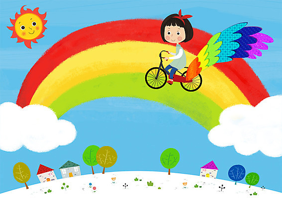 PSD 구름 여자 어린이 무지개 날개 일러스트 상상 하늘 한명 사람 소녀 판타지 태양 마을 자전거 꿈 비행 여자만 여자한명만 어린이만 소녀만 소녀한명만 국내일러스트 자연요소 1 바이크 파일형식