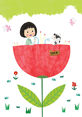 PSD 식물 동물 한마리 여자 커피 어린이 일러스트 상상 한명 사람 소녀 판타지 카페 꿈 차 강아지 여자만 여자한명만 어린이만 소녀만 소녀한명만 국내일러스트 1 음료 반려동물 상점 개 파일형식
