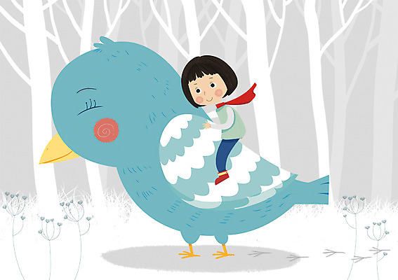 PSD 여자 어린이 일러스트 상상 조류 한명 사람 소녀 판타지 꿈 숲속 숲 여자만 여자한명만 어린이만 소녀만 소녀한명만 국내일러스트 동물 1 파일형식