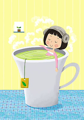 PSD 여자 어린이 일러스트 상상 휴식 한명 사람 소녀 컵 판타지 목욕 꿈 녹차 티백 양머리 여자만 여자한명만 어린이만 소녀만 소녀한명만 국내일러스트 1 식기 컨셉 차_음료 청결 파일형식