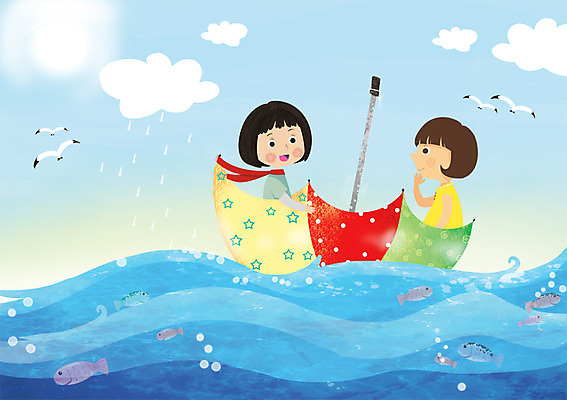 주간 PSD 여자 어린이 바다 일러스트 우산 상상 갈매기 조류 하늘 항해 어류 사람 소녀 야외 두명 판타지 꿈 선박 여자만 어린이만 소녀만 국내일러스트 자연요소 동물 수상교통 배_교통 수중동물 파일형식