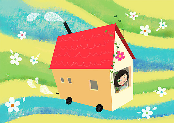 PSD 여자 어린이 여행 일러스트 상상 주택 한명 사람 소녀 판타지 꿈 여자만 여자한명만 어린이만 소녀만 소녀한명만 국내일러스트 1 건물 파일형식