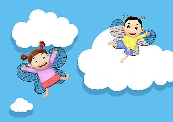 PSD 구름 여자 남자 어린이 날개 일러스트 상상 하늘 사람 소녀 소년 두명 판타지 꿈 어린이만 국내일러스트 자연요소 파일형식