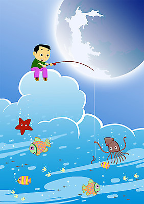 PSD 구름 남자 지구 어린이 일러스트 상상 낚시 어류 한명 사람 판타지 행성 낚싯대 남자한명만 어린이만 국내일러스트 자연요소 1 레저 우주 수중동물 낚시용품 남자만 파일형식