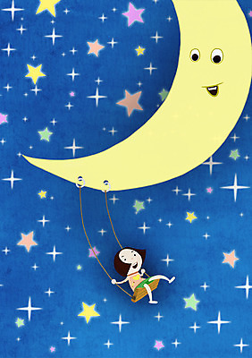 PSD 여자 별 어린이 일러스트 상상 밤하늘 한명 사람 소녀 야외 판타지 우주 달 야간 그네 그네타기 여자만 여자한명만 어린이만 소녀만 소녀한명만 국내일러스트 자연요소 1 놀이 하늘 파일형식