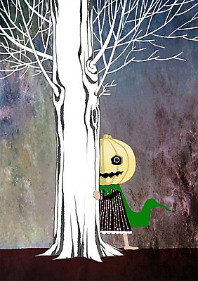 PSD 나무 여자 어린이 일러스트 상상 호박 한명 사람 소녀 판타지 할로윈 망토 여자만 여자한명만 어린이만 소녀만 소녀한명만 국내일러스트 식물 1 채소 파일형식