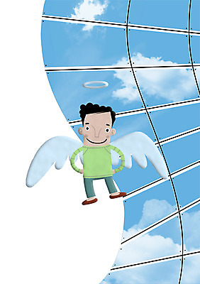 PSD 구름 남자 어린이 날개 일러스트 상상 하늘 천사 한명 사람 빌딩 판타지 남자한명만 어린이만 국내일러스트 자연요소 1 건물 남자만 파일형식