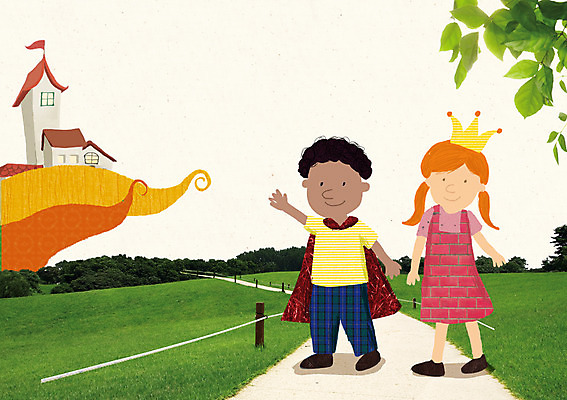 PSD 나무 식물 편집이미지 여자 남자 길 어린이 상상 동화 왕관 이야기 사람 소녀 소년 잔디 야외 두명 판타지 성 공주님 왕자 어린이만 이미지편집 건축물 파일형식