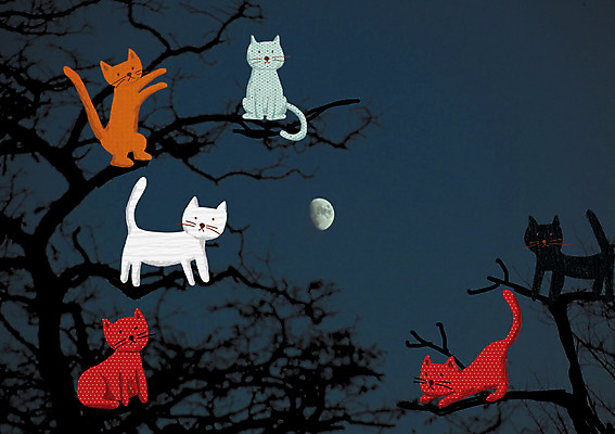 PSD 나무 동물 편집이미지 여러마리 상상 사람없음 야외 판타지 고양이 달 나뭇가지 야간 반려 이미지편집 자연요소 식물 다수 포유류 반려동물 파일형식